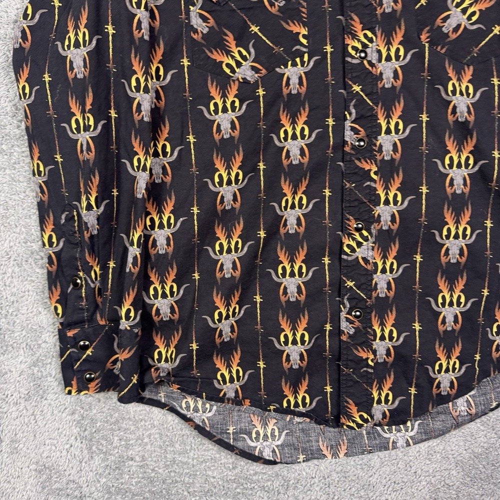Rock & Roll Denim Shirt Mens M Aztec Western Pearl Snap Barbed Wire Steer Flames - Picture 5 of 13
